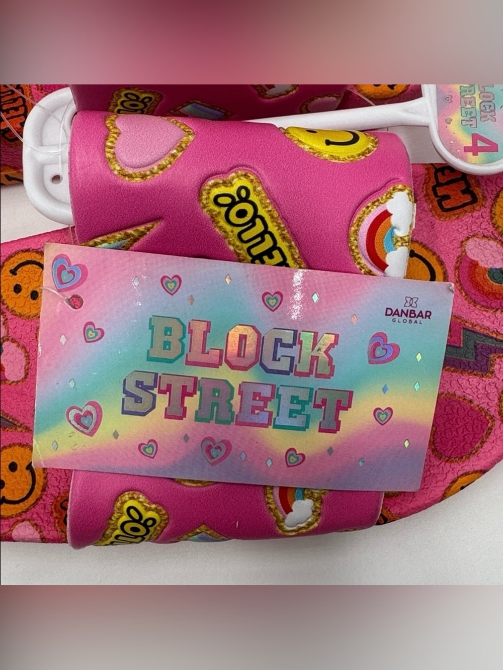 NWT Block Street Kids Pink Emoji Slide Sandals Size 4 - Picture 7 of 7